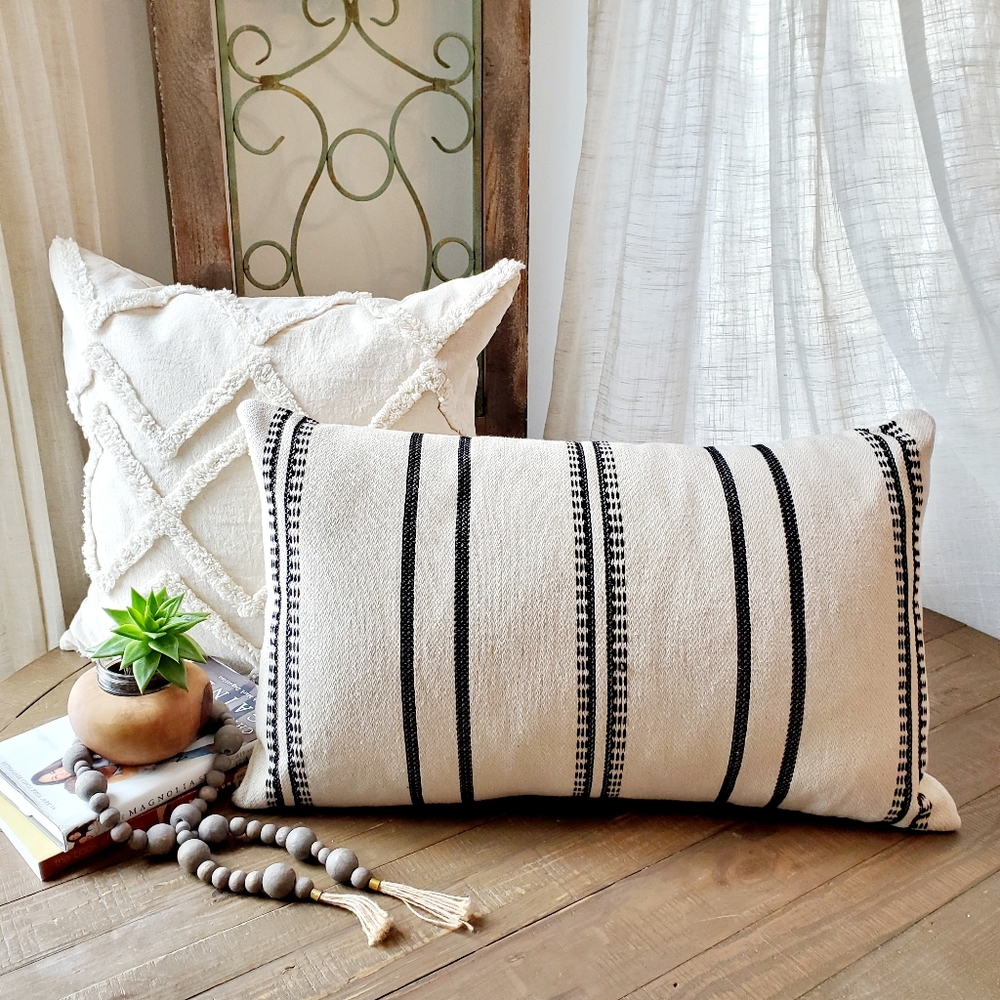 2 Pc NWOT Mezzo Black & White Striped Boho Decorative Throw Pillow Set